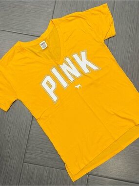 PINK Victoria's Secret Yellow V-Neck Logo Tee
